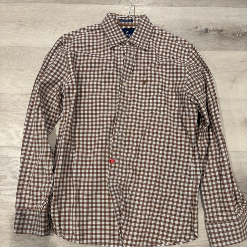 American Eagle Outfitters Brown and White Gingham Button-Down Shirt